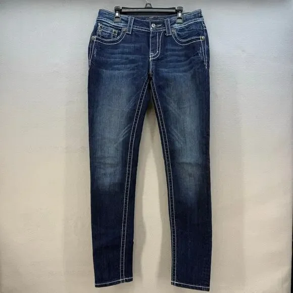 Miss Me Jeans Women's 28x31 (6) Dark Blue Skinny Fleur de Lis Blingy Western - Picture 2 of 14